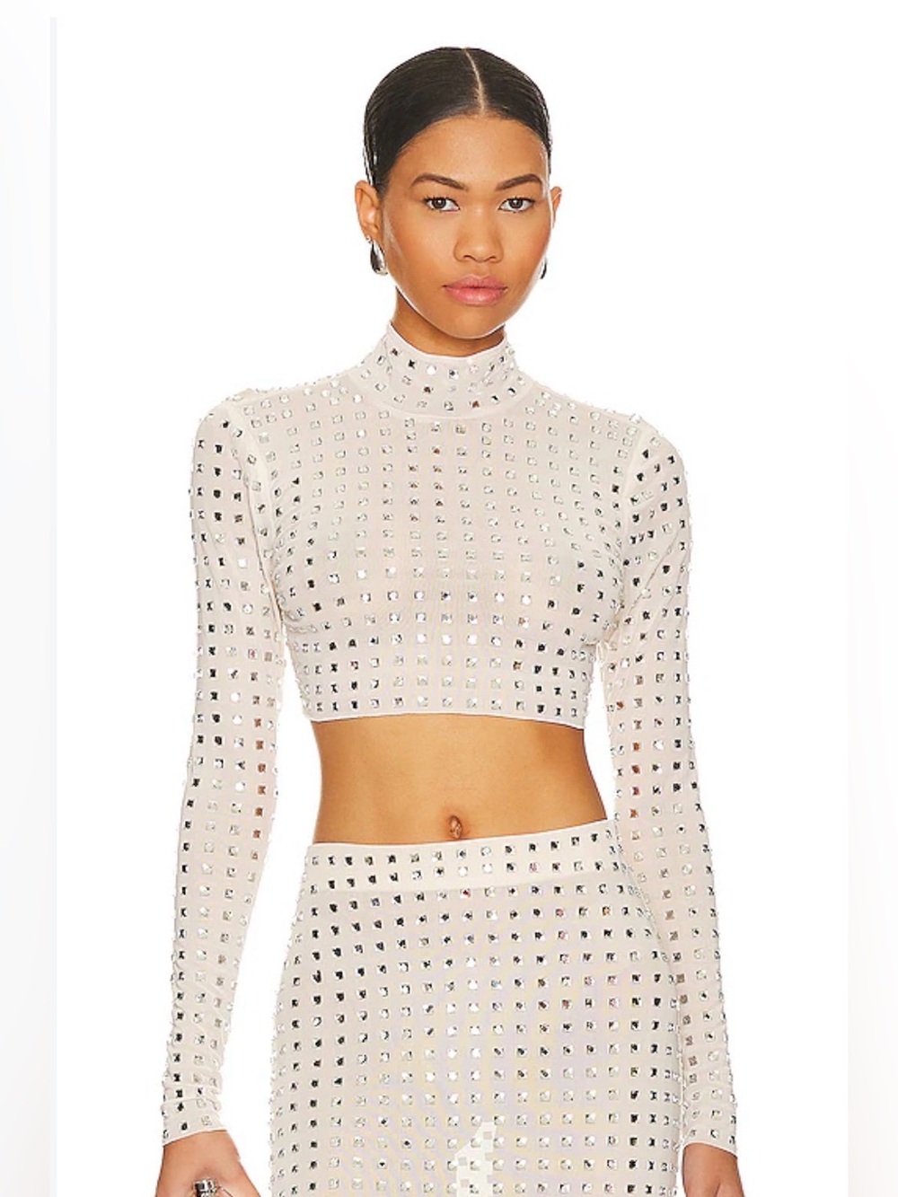 NBD Revolve Zenni Neutral Silver Rhinestone Studded Long Sleeve Mock Neck Top